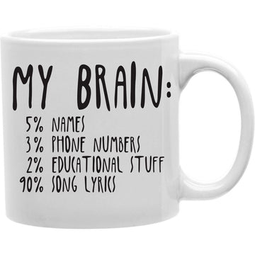 My Brain: 5%Names 3%PhoneNumbers 2%Educational Stuff 90%Song Lyrics Mug  Coffee and Tea Ceramic  Mug 11oz