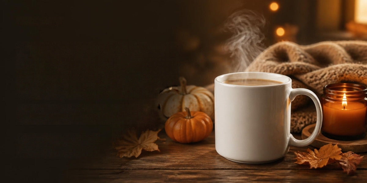 Cozy autumn evening with a steaming coffee mug, candle and pumpkins