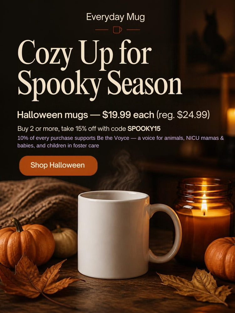 Cozy up for spooky season — 77 Halloween mugs $19.99 each, 10% supports Be the Voyce