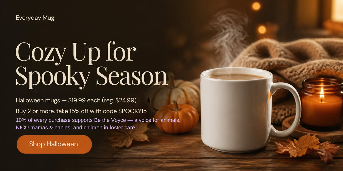 Cozy up for spooky season — 77 Halloween mugs $19.99 each, 10% supports Be the Voyce